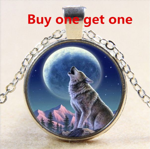 New Wolf Wolves Pack Moon Night Sky Cabochon Necklace Pendent Free Gift Bag 