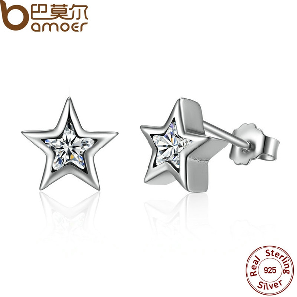 Clear CZ 925 Sterling Silver Star Push-back Women Stud-Earrings Jewelry Brincos Pendientes Mujer PAS436 Starshine 