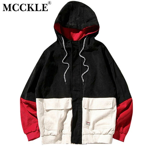 Color block patchwork shop corduroy hooded jacket