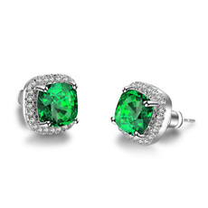 Junxin Elegant Green/White/BlueSIlvery Prinicess Cut Sapphire Emerald CZ Stud Earrings Square Ear Studs Wedding Jewelry For Women
