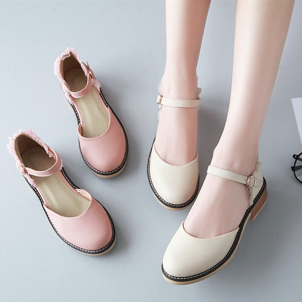 Women Fashion Sweet Mary Jane Shoes Round Toe Ankle Strap Lace Students Shoes Wish