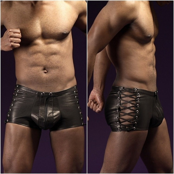Black Sexy Men Faux Leather Latex Pants Short Boxer Wetlook Clubwear Zipper Jockstrap Fetish Gay 2083