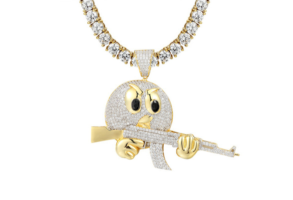 Emoji With Ak47 Gun Pendant 14k Gold Finish Hip Hop Iced Out Rapper Necklace