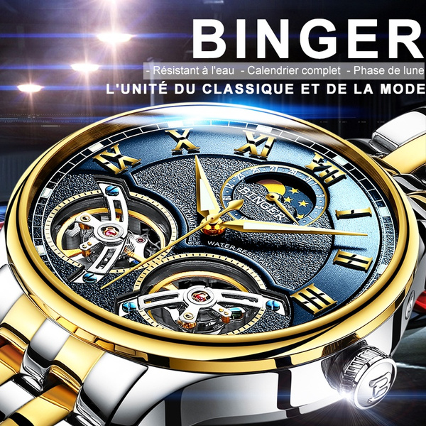 BINGER Hommes Squelette Double Tourbillon Montre M canique