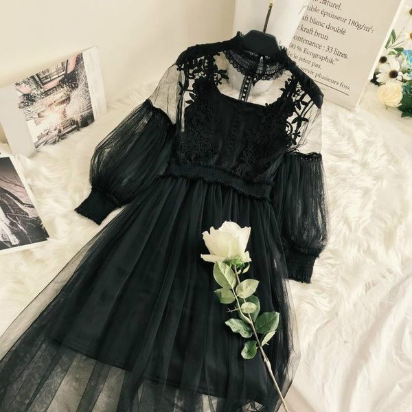 Women's Lolita Mesh Hollow Out See Through Long Sleeve Fairy Lace Floral Dress 