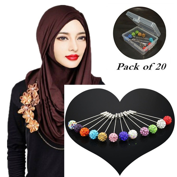 20 Pcs/Lot Muslim Pins Hijab Pins Wheel Crystal Hijab Brooches for Women  Safety Head Round Crystal Ball Scarf Pin (Size: Mix Color)