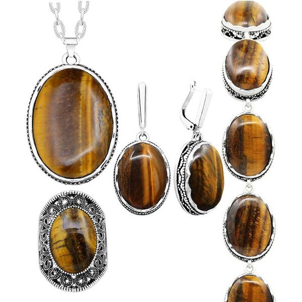 Natural Stone Tiger Eye Jewelry Set Necklace Earrings Ring Bracelet Fashion Gift 