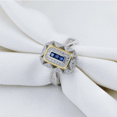 Princess Blue Sapphire White CZ 925 Sterling Silver Yellow Gemstone Ring Sz 5-10