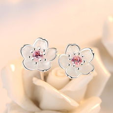 pink, cute, Flowers, Silver Earrings