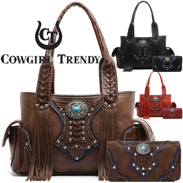 Women Hand Bag Concealed Carry Patchwork Cow Pattern Hair-on Embossed Studs Fringe  Tote Handbag Purse - AliExpress