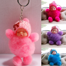 Cute Bow tie Sleeping Baby Doll Keychain Pom Pom Ball Key Chains Car Keyring Women Key Holder Bag Pendant Charm Accessories