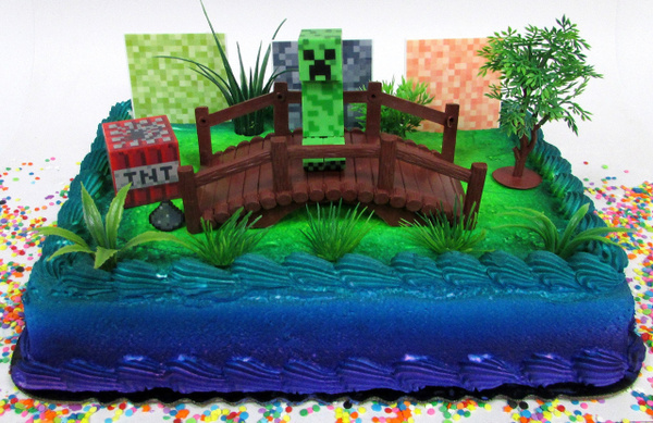 Cake Toppers Minecraft Creeper Themed Birthday Set Featuring Creeper Figure and Decorative Themed Accessories 