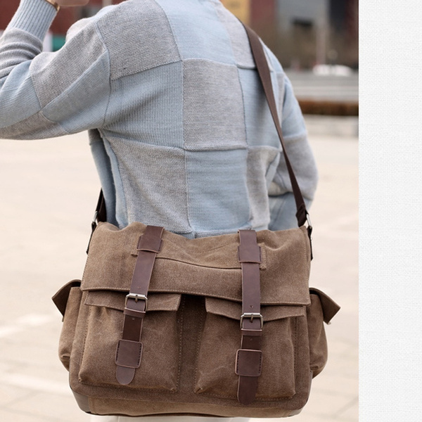 Men's Vintage Canvas Leather Satchel School Military Shoulder Bag
