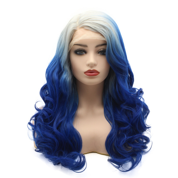 Meiyite Hair Wavy Long 24inch Grey Root Blue Ombre Half Hand Tied