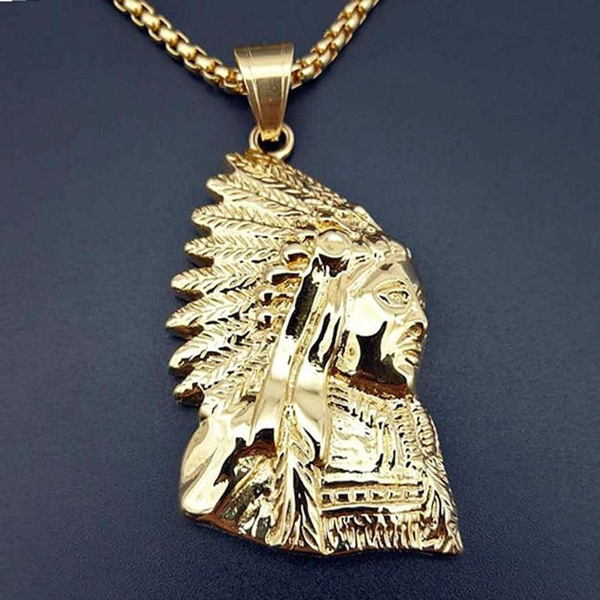 Native American Brass Arrowhead Pendant with Embossed Native Figure 