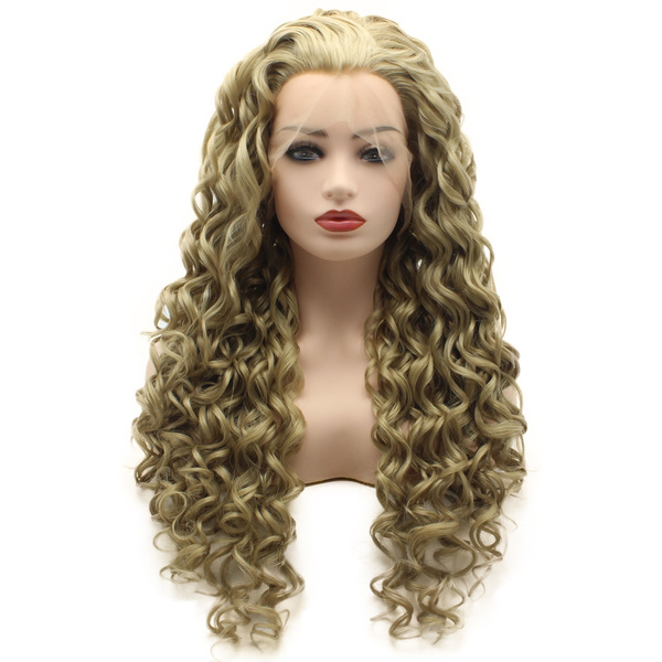 Meiyite Hair Curly Long 26inch Two Tone Honey Blonde Mix Half Hand Tied Realistic Synthetic Lace Front Wig