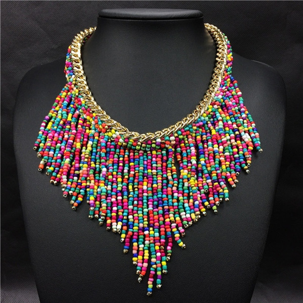 JAASA Collier Statement Pompom Long Tassel Necklaces Maxi Women Bohemian Jewelry Handmade Boho Necklace Gift 
