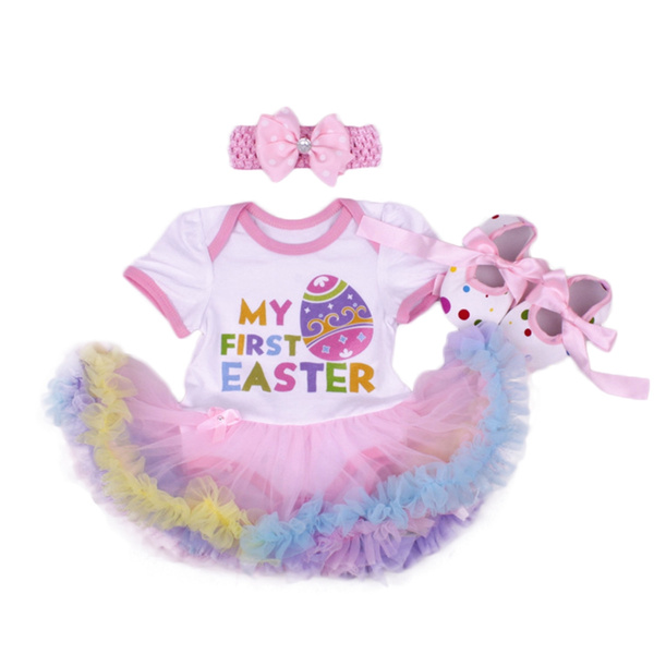 FYMNSI Newborn Baby Girl Easter Outfit Infant My First 1st Easter Costume Princess Tutu Romper Dress Bunny Egg Print Short Bodysuit with Headband Clothes Set Photo Props Party Gift for 0-18 Months
