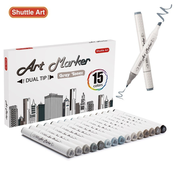 Shuttle Art 15 Colors Grey Tones Dual Tip Art Marker, Permanent Marker Pens  Double Ended with Fine Bullet and Chisel Point Tips Perfect for  Drawing,Shading,Sketching,Designing,Outlining,illustrating