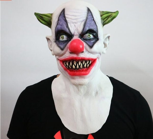 Halloween Creepy Evil Scary Green Horned Rubber Clown Mask Costume 