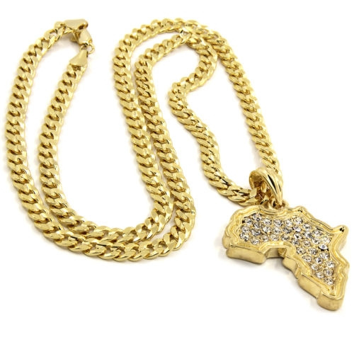 Mens Gold Plated Hip-Hop Iced Cz Africa Pendant 24" Cuban Chain Necklace D526 