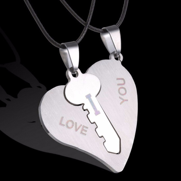 Love Heart Lock Key Couple Pendant Necklac