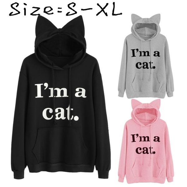 Donne Felpa Gatto Slogan Stampa Gatto Dell'orecchio Kawaii Felpa Con Nero  Stampa Carino Pullover Manica Lunga Casual | Wish