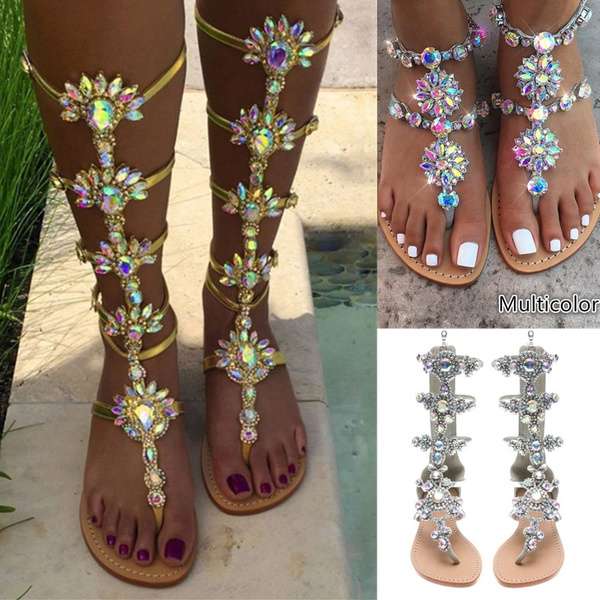 rhinestone knee high gladiator sandals