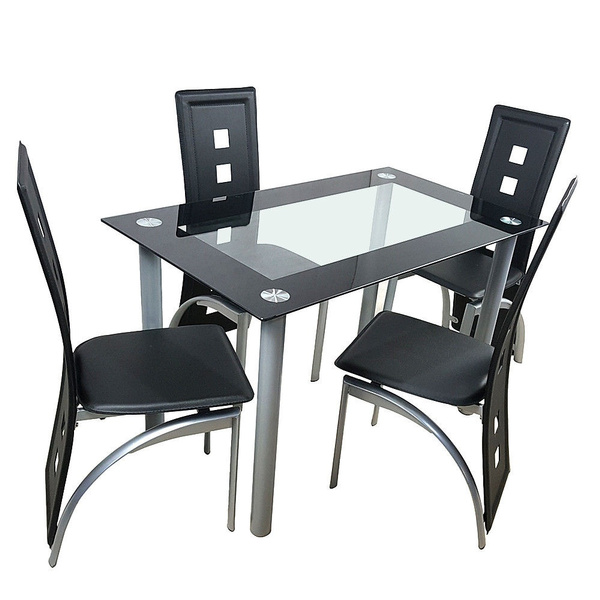 5 Piece Dining Table Set Black Glass 4 Chairs Seats Kitchen Dinette Home Decor 
