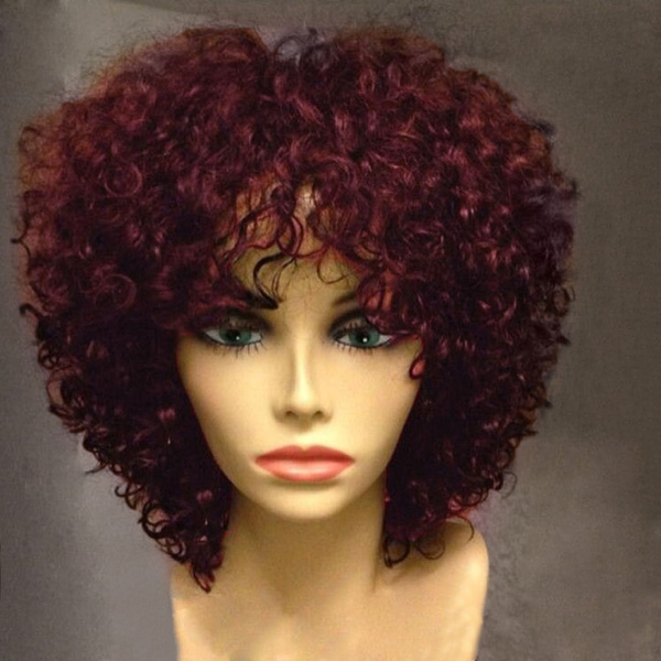 Women s Fashion Wine Red Short Side Fringe Fluffy Afro Curly