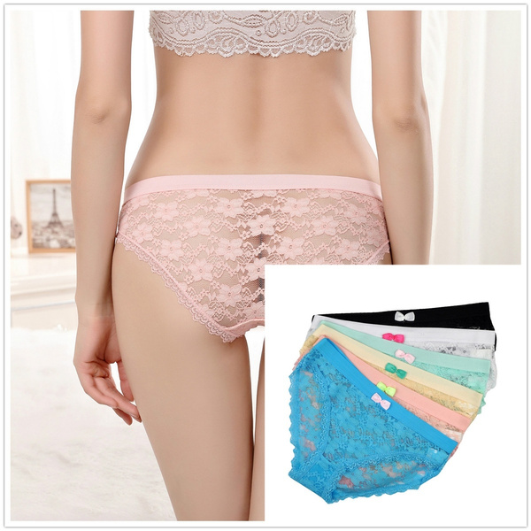 6 Pieces/Lot) New Fashion Sexy Underwear Women Transparent Lace Panties Women  Underwear Panties Ladies Girls Cute Full Lace Bow Cotton Briefs Knickers