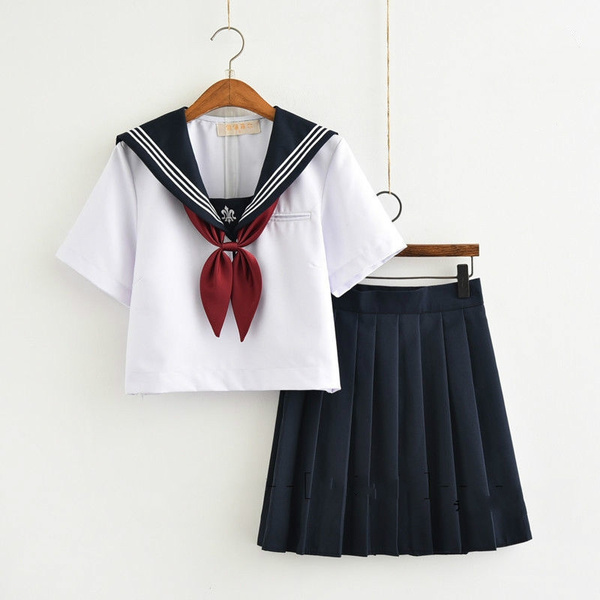 Japan School Girl School Uniform Sailor Suits Blouse Pleated Skirt Fancy Dress @