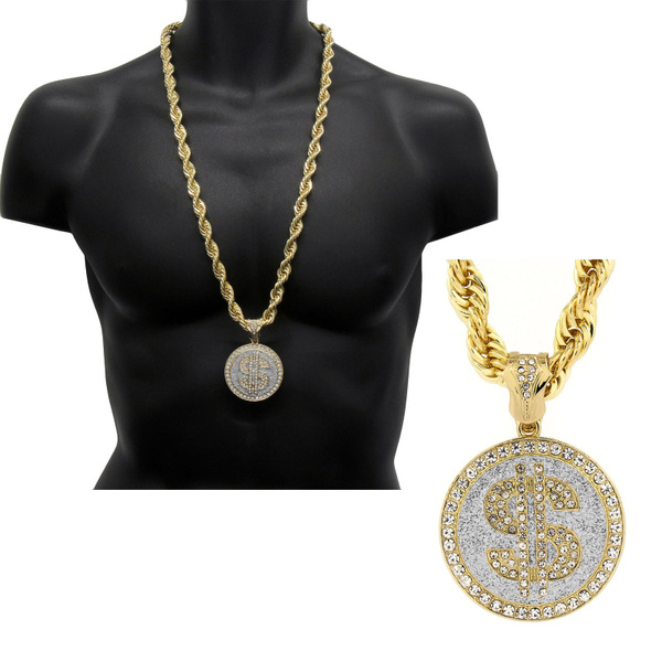 Mens Hip Hop Gold Tone with Silver Sing Money Large Pendant 10mm 30 Rope  Chain Necklace
