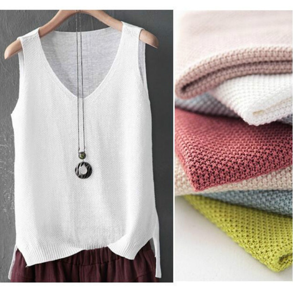 Women Linen Cotton Knitted Loose Tank Tops Vest Camisole V Neck Sleeveless Shirt