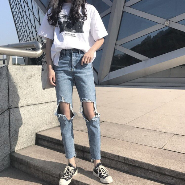 big hole jeans light blue knee hole jeans outfit summer thigh hole denim  pants ripped big knee hole j… | Cute teen outfits, Teen fashion outfits,  Cute comfy outfits