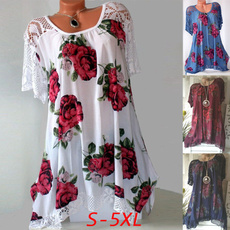 Women's Fashion Oversize Lace Patchwork Floral Print Short Sleeve Casual Asymmetrical A Line Cotton Tunic Blouse S-5XL
