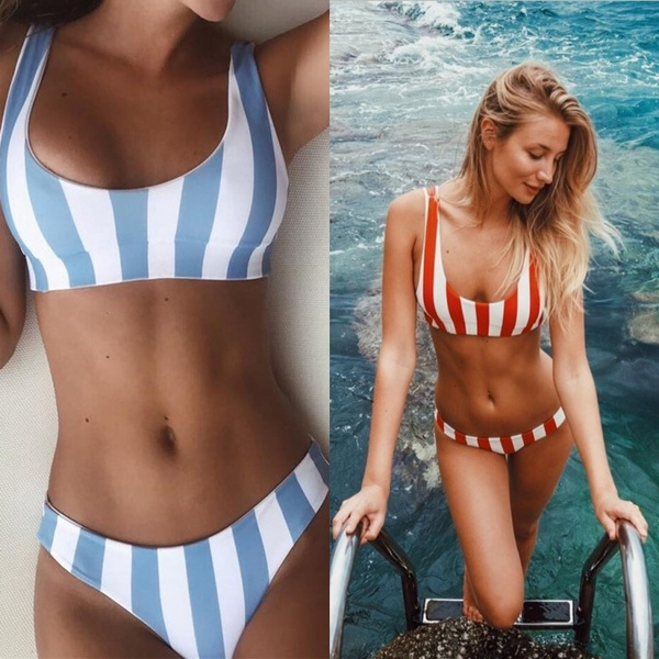 Women Sports Bra Bikinis 2018 New Striped Bikini Set Low Waist Padded Two  Side S-L Push Up Summer Bathing Suit