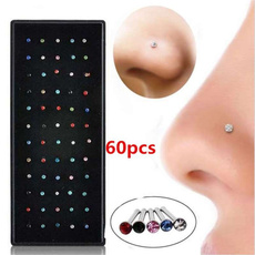 60pcs/set 1.8mm Rhinestones Nose Studs Fashion Stainless Steel Nose Piercing Rings for Women