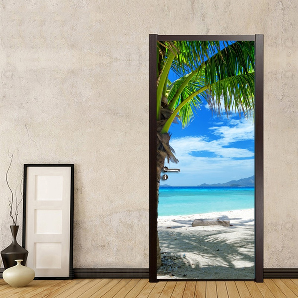 3D Beach Tree Door Wall Mural Photo Wall Sticker Decal Wall Poster PVC ...