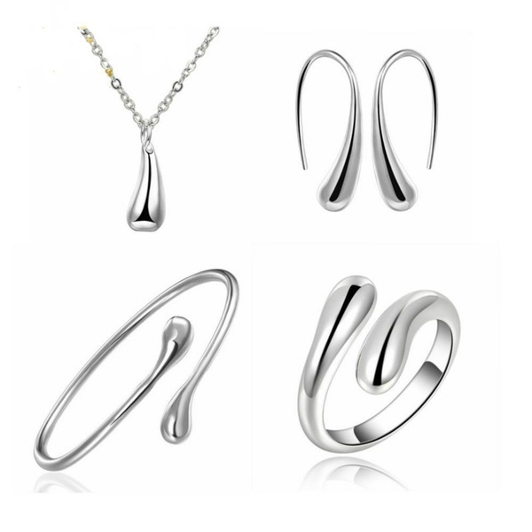 Silver Plated Water Drop Earrings Bracelet Necklace Jewelry Set 