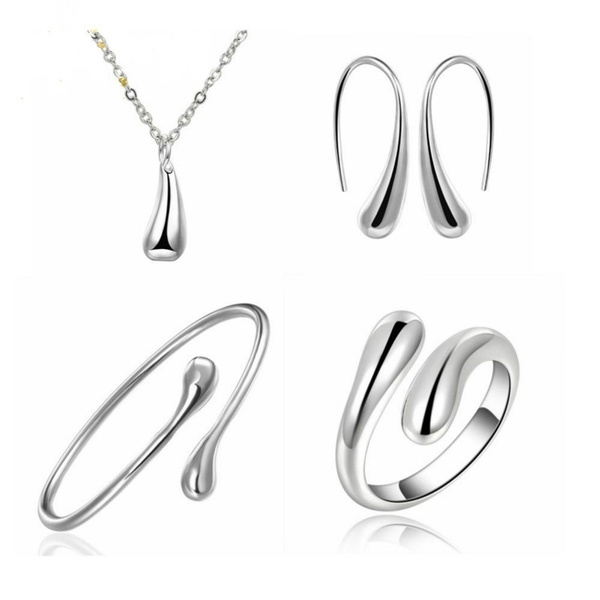 Silver Plated Water Drop Earrings Bracelet Necklace Jewelry Set Silver Plated Water Drop Earrings Bracelet Necklace Jewelry Set