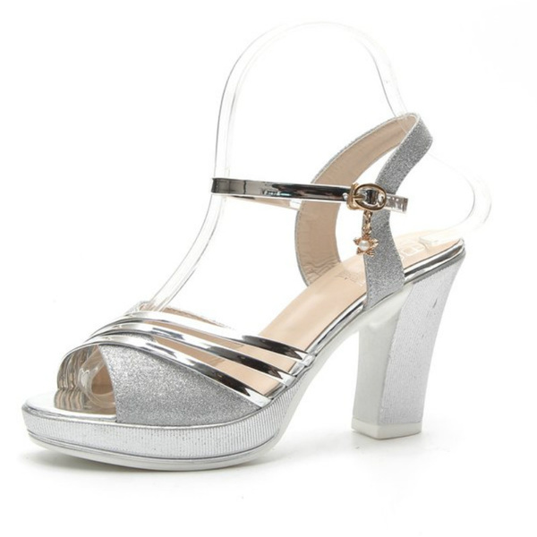 silver chunky heels closed toe
