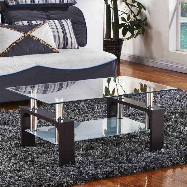 Glass Rectangular Coffee Table Black Wood Shelf Chrome Living Room