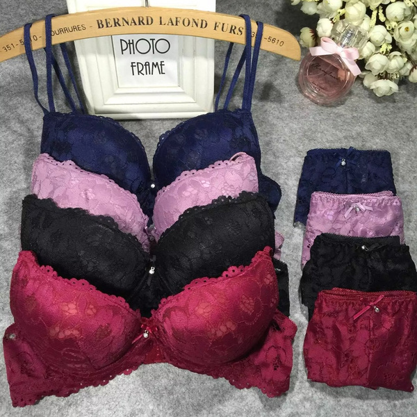 Women Embroidery Lace Lingerie Underwear Push-Up Padded Bra Set Brassiere 