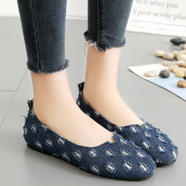 Women's Denim Flat Shoes Casual Pointed Toe Slip Shoes match - Temu