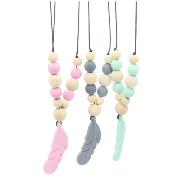 Baby Silicone Teething Necklace Feather Pendant Bead Teether Chewing Toys Gifts 