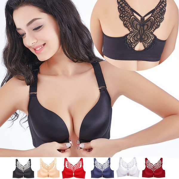 34C-34E 2018 Fashion Sexy Ladies Big Size Lace Push Up Bra for Women  Butterfly Embroidery Front Closure Adjustable Gather Soft Bra 6 Colors