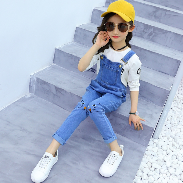 Fashion Kids Ripped Denim Rompers Girls & Boys Frayed Jeans Dungarees  Children Overalls 2 Colors 4-14 Years