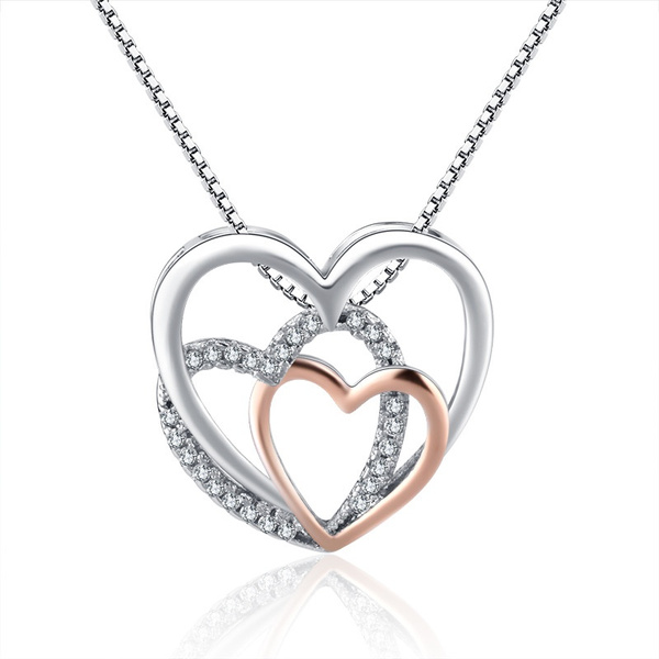 Rose Gold Sterling Silver Necklace Black CZ Stones Heart Pendant Gift Box PE20 