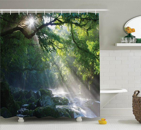 Rainforest Shower Curtain Decor by Ambesonne, Stream in the Jungle Stones  under Shadows of Trees Sunlight Mother Earth Theme, Fabric Bathroom Set  with Hooks, 69W X 70L Inches Long, Green and White